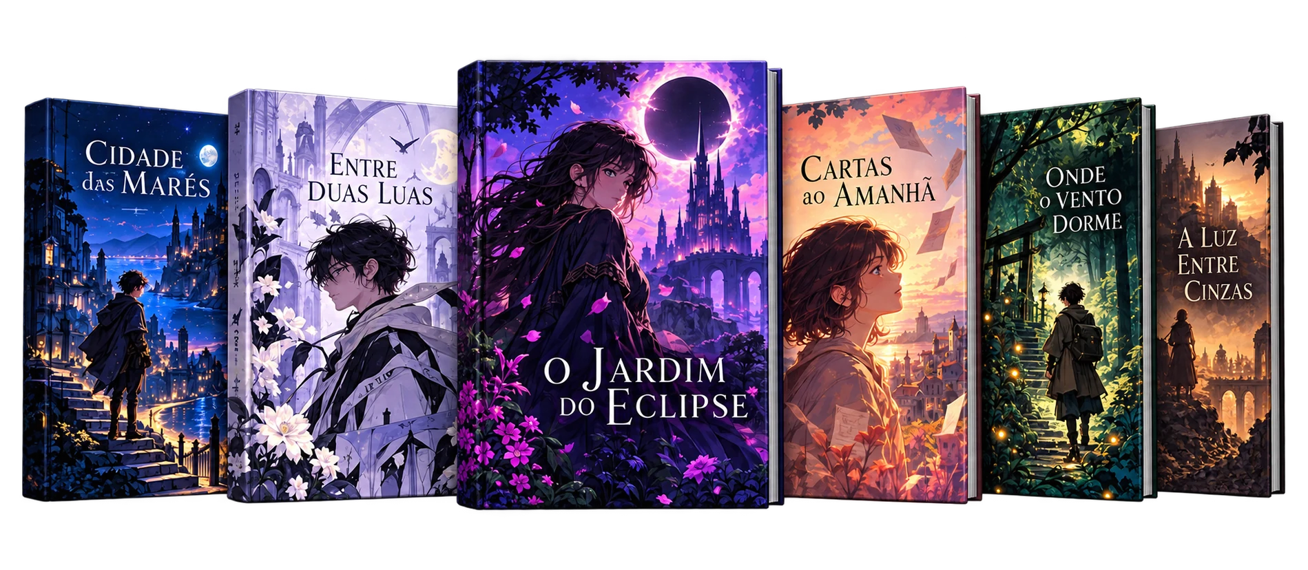 Seis capas fictícias: Cidade das Marés, Entre Duas Luas, O Jardim do Eclipse, Cartas ao Amanhã, Onde o Vento Dorme e A Luz Entre Cinzas.